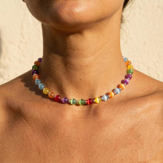 🌈 50% RABATT! 🐱 Regnbåge Kattöga Pärlhalsband – Färgskiftande, elegant & unikt – ett blickfång för fest eller vardag ✨