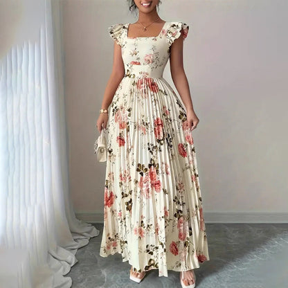 👗 BEGRÄNSAD TID 50% RABATT! ✨ Blommig Veckad Maxiklänning – Fyrkantig Urringning, Volangärmar, Hög Midja 🌸
