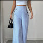 👖 BEGRÄNSAD TID 50% RABATT! ✨ Högmidjade Vida Byxor – Ränder, Dekorativa Knappar, S-XL 🍁