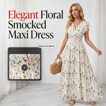 👗 50 % RABATT NU! 🌸 Blommig V-ringad maxiklänning – elegant rynkad midja & premiumtyg, perfekt sommarfavorit ✨