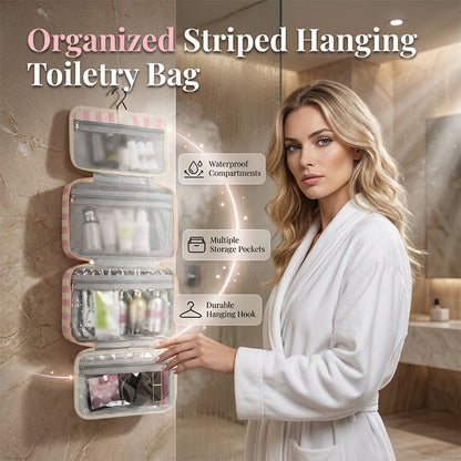 🧳 TIDSBEGRÄNSAT 50% RABATT! ✨ Randig Hängande Resväska för Toalettartiklar – 4 Fack, Vattenresistent, Vikbar 🛅