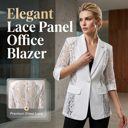 👔 50% RABATT NU! 🌸 Vit Spetsblazer – Slim Fit, 3/4 Ärm & Elegant Övergång – Genomskinliga Blommiga Spetspaneler, Skräddarsydd Silhuett ✨