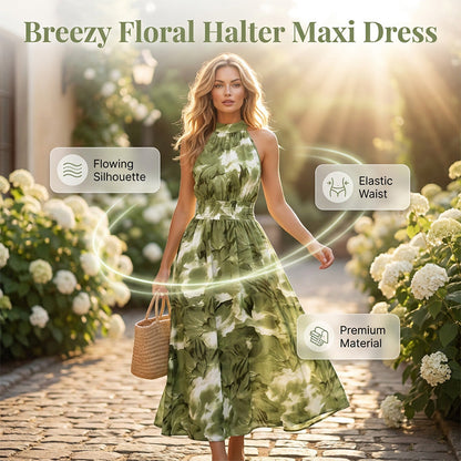 👗50% RABATT NU!🎀Dam Halterneck Ärmäslös Blommig Maxiklänning