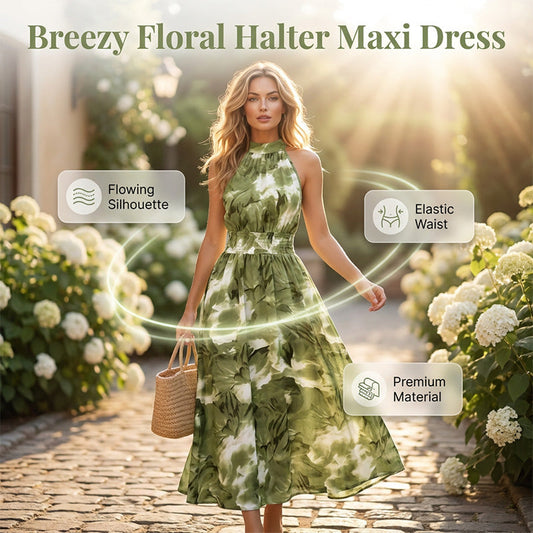 👗50% RABATT NU!🎀Dam Halterneck Ärmäslös Blommig Maxiklänning