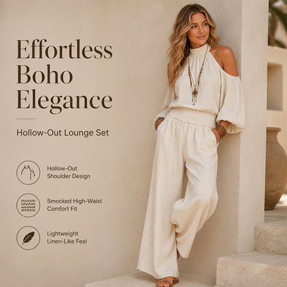 🎉 BEGRÄNSAD TID: 50 % RABATT! 🌸 Set med halterneck-top med öppna axlar och byxor med vida ben för damer – boho-elegans och linne-liknande andningsförmåga ✨