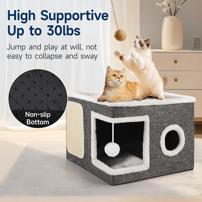 🐱 50 % RABATT NU! 🏠 Foldable 2-in-1 cat cube house – två nivåer, integrerad klösmatta & hopfällbar design – perfekt för små utrymmen 🧶