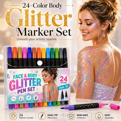 🌸 50% RABATT NU! 🌸24-färgat ansikte & kropp glittermarkerset med dubbla spetsar