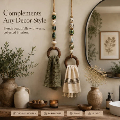 🧺 50 % RABATT NU! 🌿 Dekorativ handdukshängare med pärlor och träring – naturlig bohemisk charm ✨