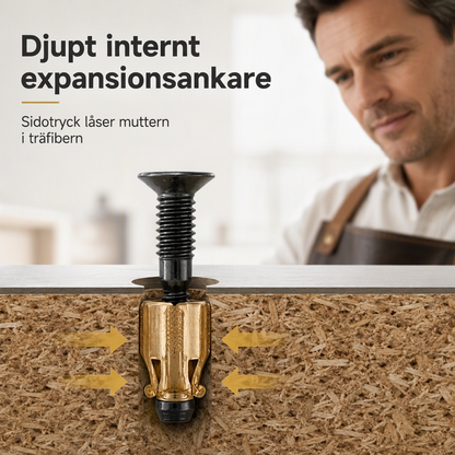 Gångjärnsats för skåpdörrar med förinbäddad expansionsmutter och skruv för möbelbeslag