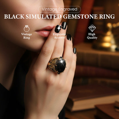 🖤50% rabatt!💎Svart vintage‑ring med gravyr och imiterad ädelsten, elegant tillbehör 🎁