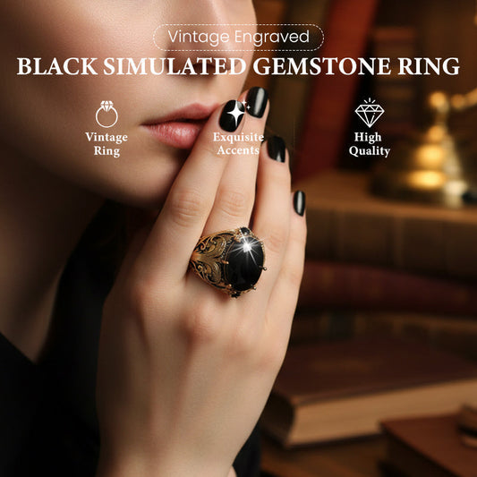 🖤50% rabatt!💎Svart vintage‑ring med gravyr och imiterad ädelsten, elegant tillbehör 🎁