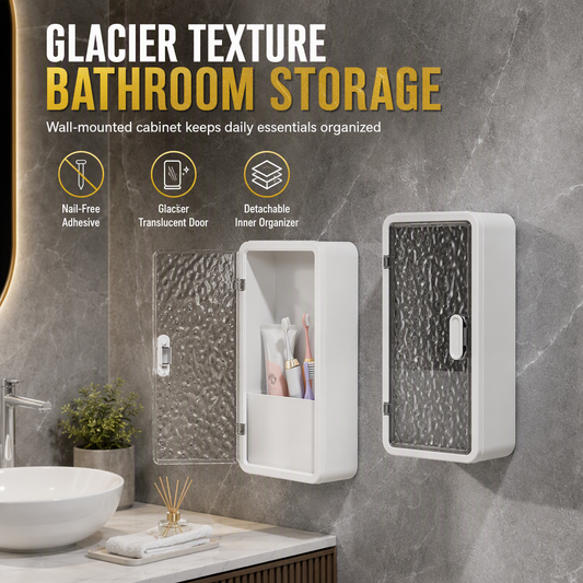 🔥50% RABATT ✨🛁Väggmonterad badrumsförvaring: Borrfri, glaciärstruktur, dräneringshål, sminkförvaring