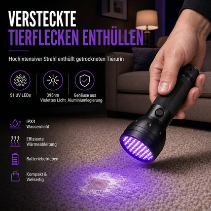 📢📢50% RABATT NU!! ⏰51-LED-UV-Taschenlampe 395 nm, ultraviolettes Schwarzlicht-Detektor aus Aluminiumlegierung, Handgerät zur Erkennung von Falschgeld und zur Schmuckbewertung