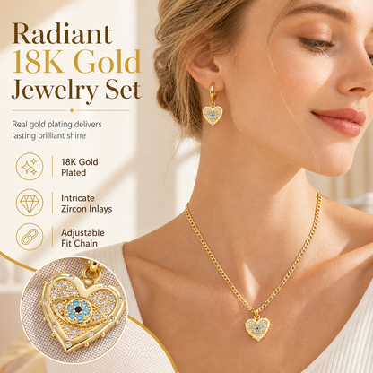 🧿 50 % RABATT! ✨ 18K guldpläterat smyckesset med onda ögat och hjärta – halsband & örhängen