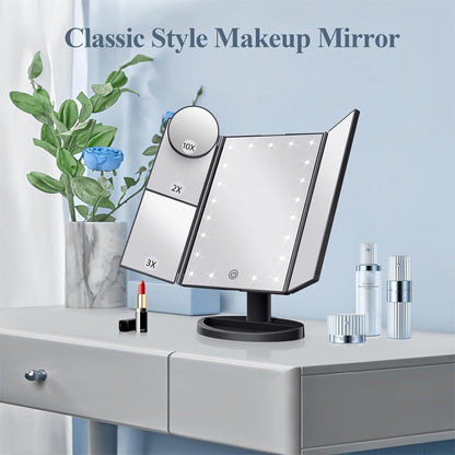 💄 50% RABATT! 🔍 Tredelad LED-Sminkspegel med 22 Lampor – 1X–10X Förstoring & 180° Rotation ✨