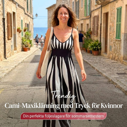 LUNE Tryckt Maxi Cami-klänning – smal passform, hög midja, lång siluett 👗